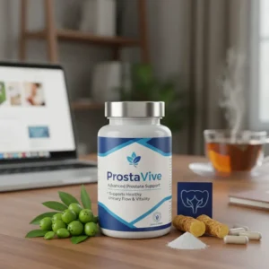 ProstaVive bottle on a desk with a laptop and natural ingredients, symbolizing prostate health and male well-being.