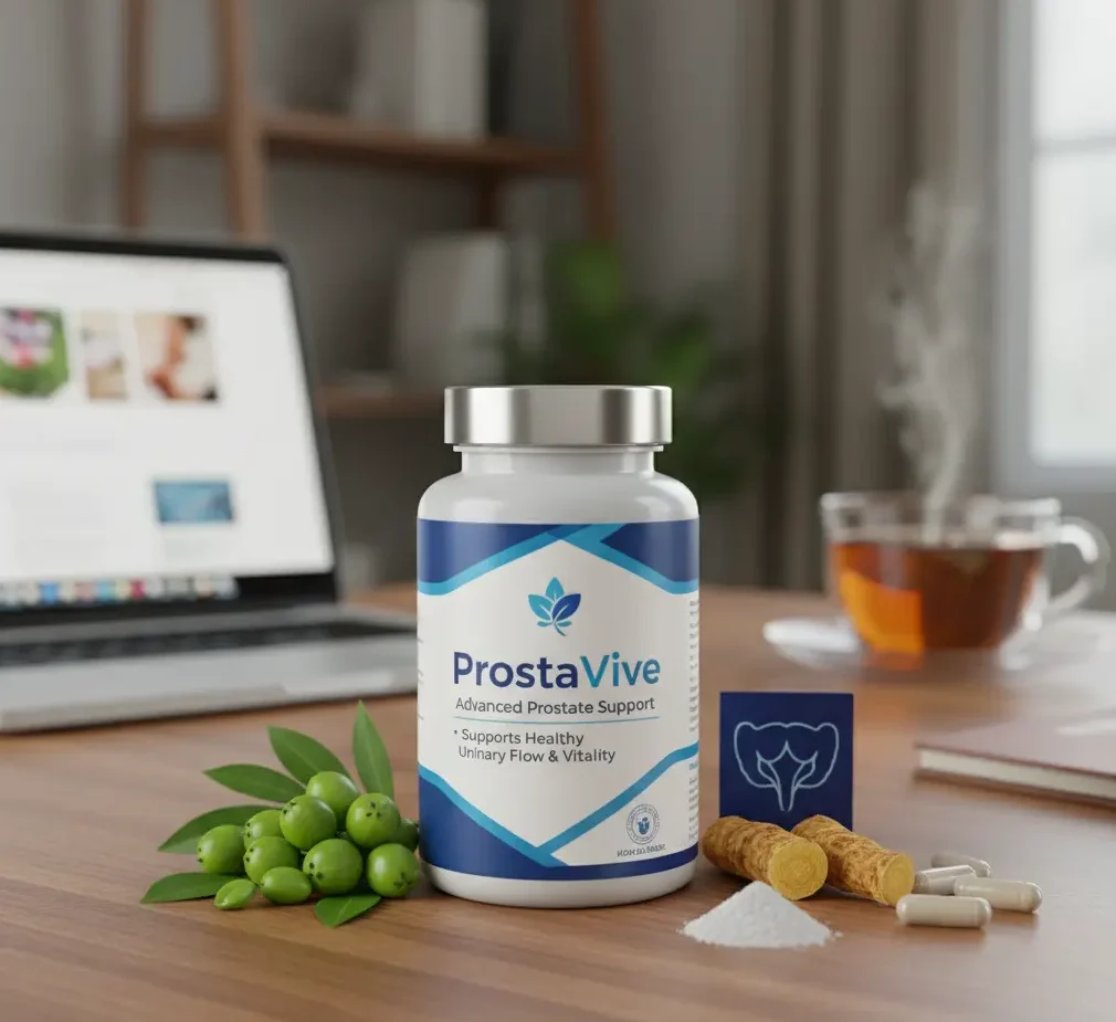 ProstaVive bottle on a desk with a laptop and natural ingredients, symbolizing prostate health and male well-being.