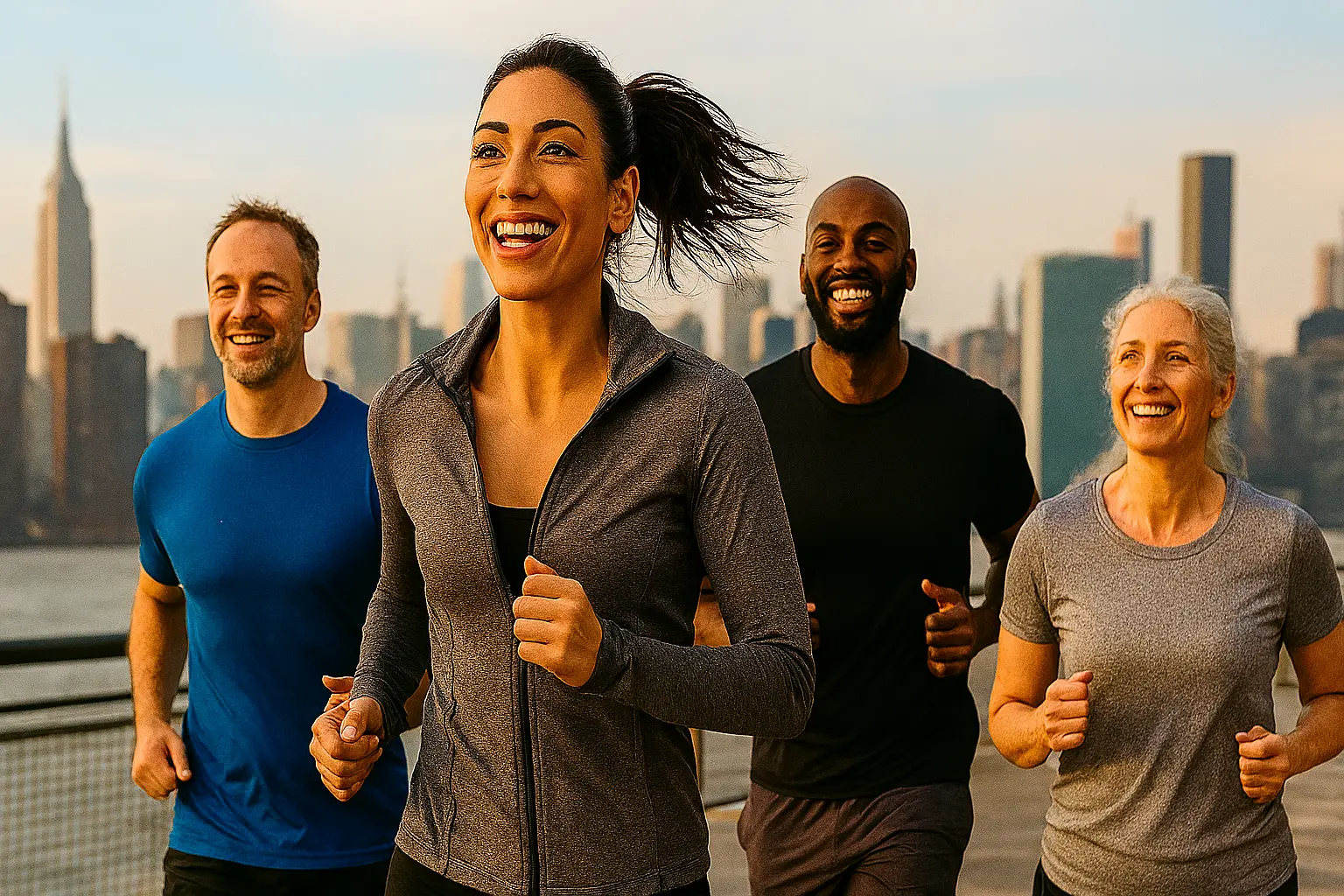 Group running at sunset by the waterfront — cardio for circuit training and weight-loss fitness