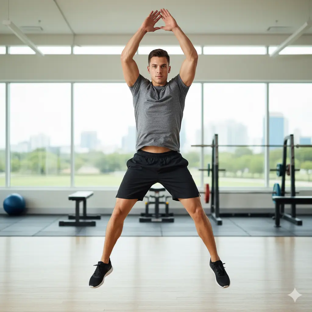 A fit man is doing a jumping jack in a modern gym. He's in the air, legs apart and arms above his head, wearing a gray t-shirt, black shorts, and sneakers. The background features a city view through the gym's large windows.