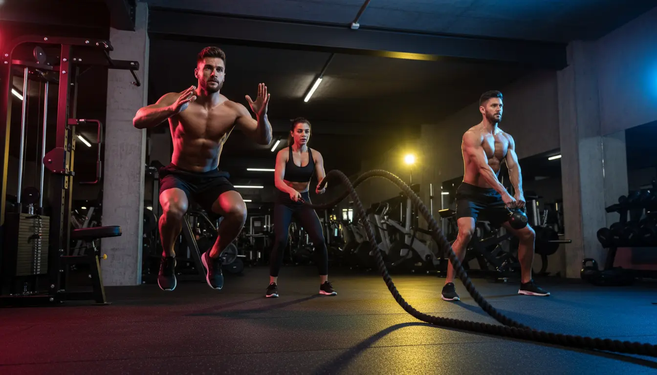 Dynamic circuit training workout with multiple athletes performing burpees kettlebell swings and battle ropes in modern gym