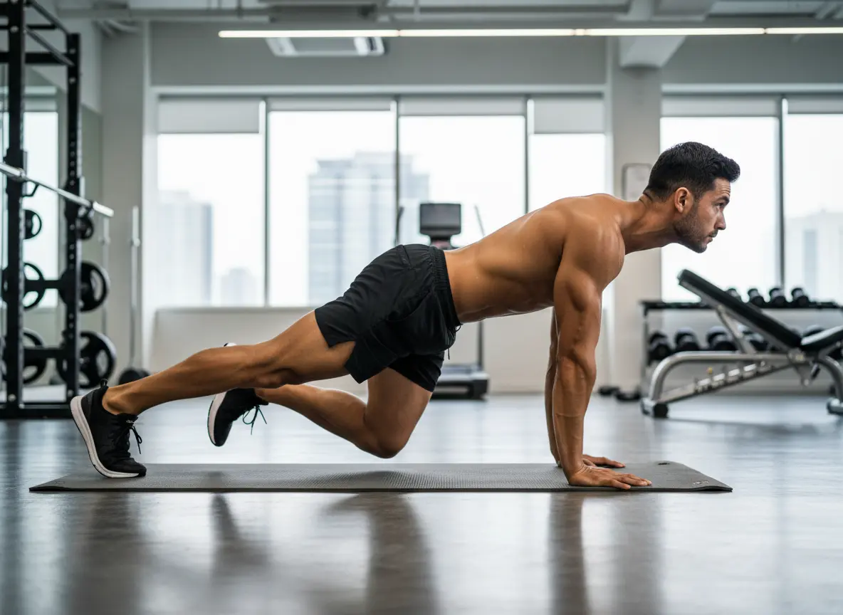 A shirtless, muscular man performs the mountain climber exercise on a gym mat. He's in a plank position with his right knee pulled toward his chest. The background shows a bright, modern gym with large windows.