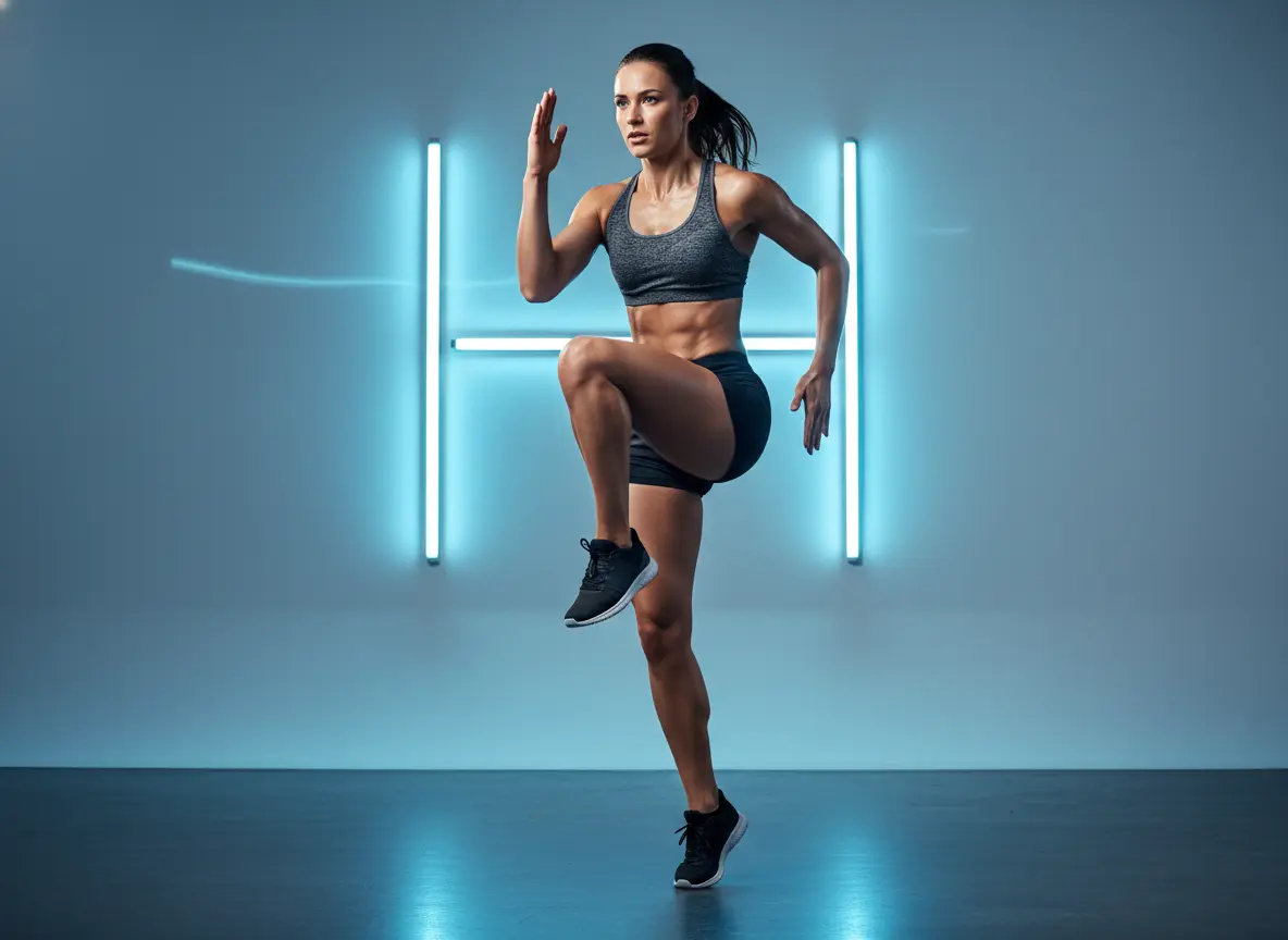 An athletic woman performs a high knee exercise in a dark studio. She's in the middle of a dynamic movement, wearing a dark tank top and shorts. The backdrop features vertical cyan neon lights in an "H" shape, creating a dramatic atmosphere.
