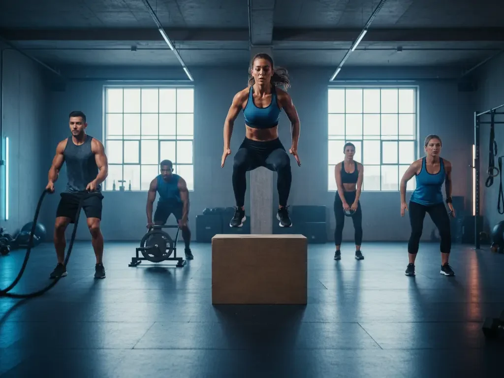 Dynamic circuit training workout with multiple athletes performing burpees kettlebell swings and battle ropes in modern gym