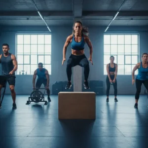 Dynamic circuit training workout with multiple athletes performing burpees kettlebell swings and battle ropes in modern gym