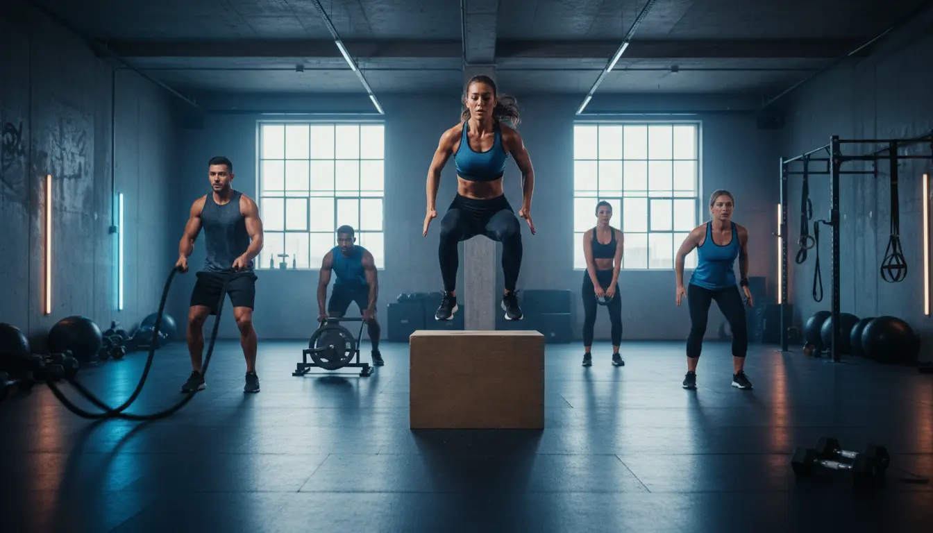 Dynamic circuit training workout with multiple athletes performing burpees kettlebell swings and battle ropes in modern gym