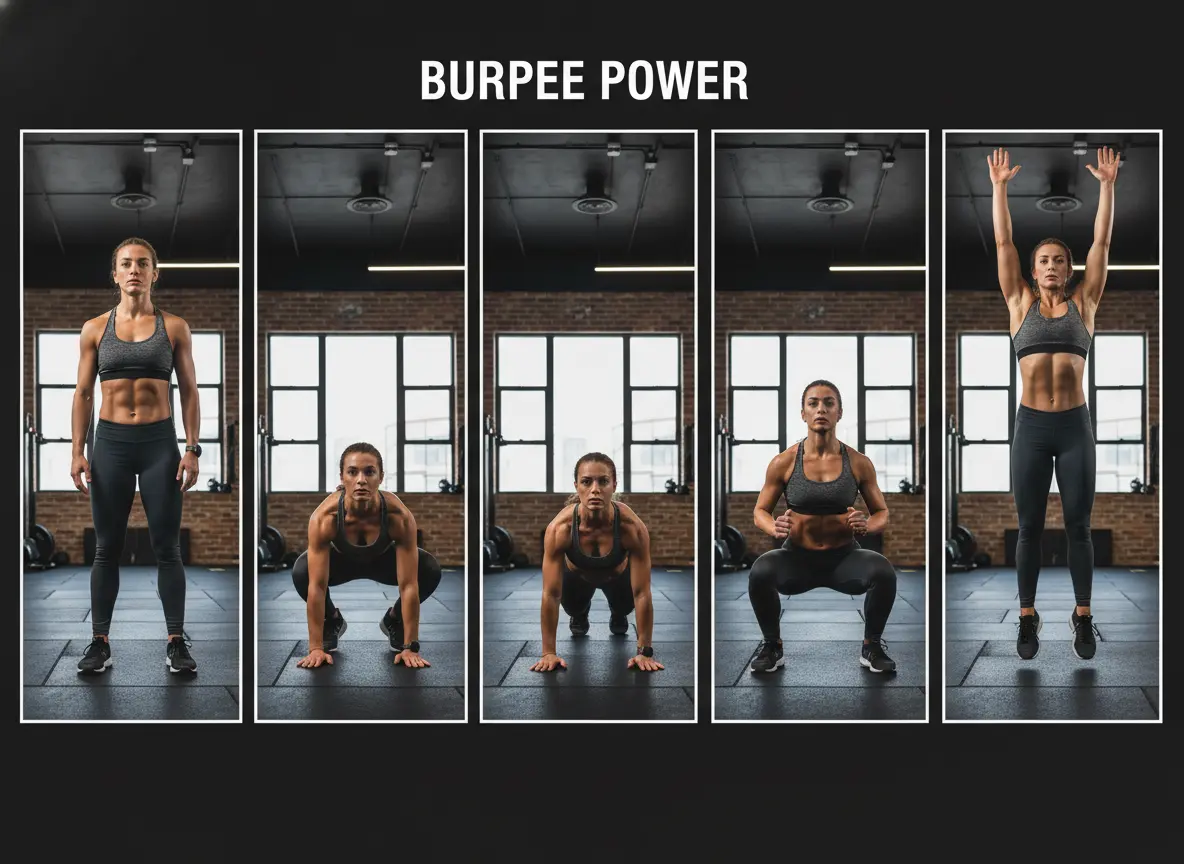 A five-panel sequence showing a woman demonstrating a burpee exercise. The panels show the transition from standing to squatting, planking, squatting again, and finally a vertical jump with arms extended. The text at the top reads "BURPEE POWER."