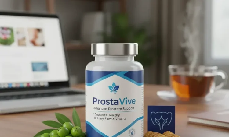 ProstaVive bottle on a desk with a laptop and natural ingredients, symbolizing prostate health and male well-being.