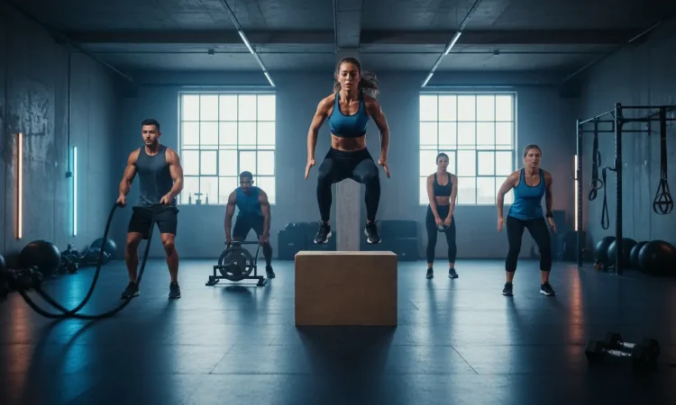 Dynamic circuit training workout with multiple athletes performing burpees kettlebell swings and battle ropes in modern gym